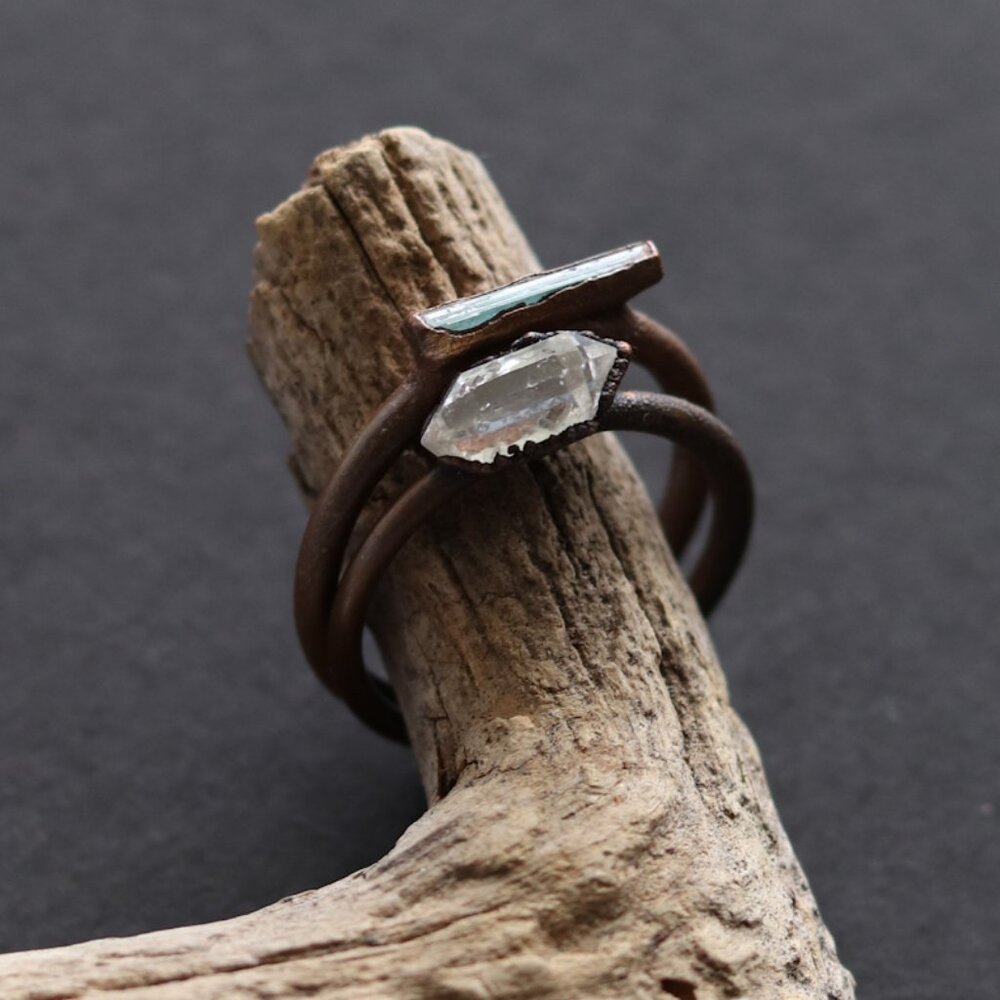 Handmade Herkimer Diamond Raw Crystal Aquamarine Copper rings sz 6.5 OOAK